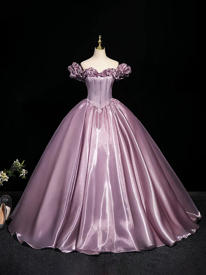 Romantic Ball Gown Off - Shoulder Ruffle - Trimmed Lace - Up Back Long Length Evening Dresses