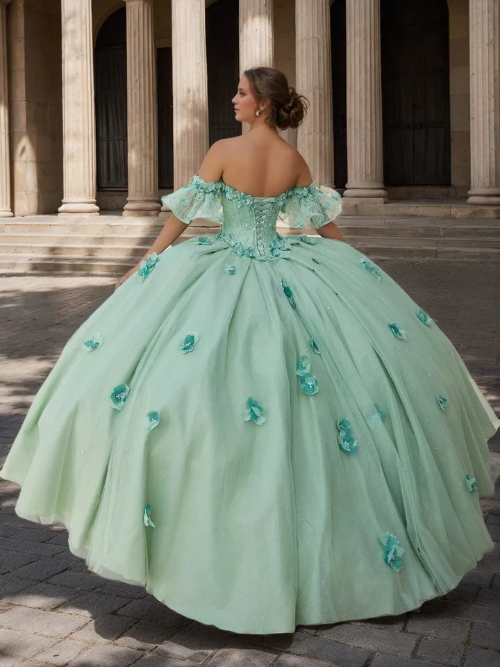 Romantic Ball Gown Off - Shoulder Ruffle - Trimmed Lace - Up Back Long Length Evening Dresses