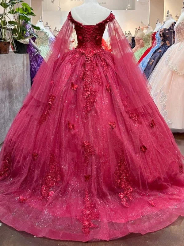 Romantic Ball Gown Off - Shoulder Sheer Sleeve Lace - Up Back Long Length Quinceanera Dresses