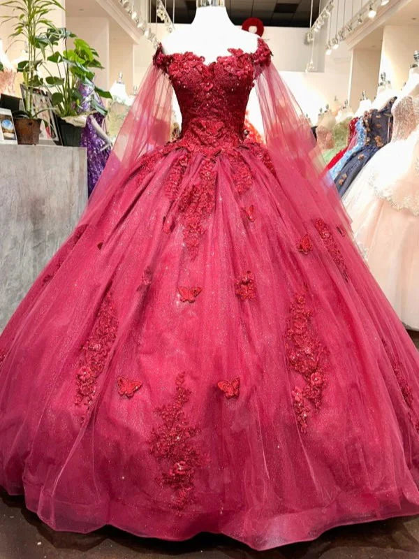 Romantic Ball Gown Off - Shoulder Sheer Sleeve Lace - Up Back Long Length Quinceanera Dresses