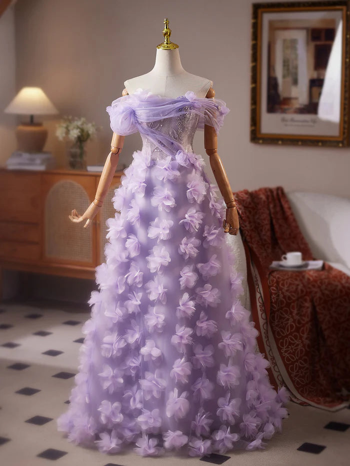 Romantic Ball Gown Off - Shoulder Short Sleeve Lace - Up Back Floor Length Prom Dresses