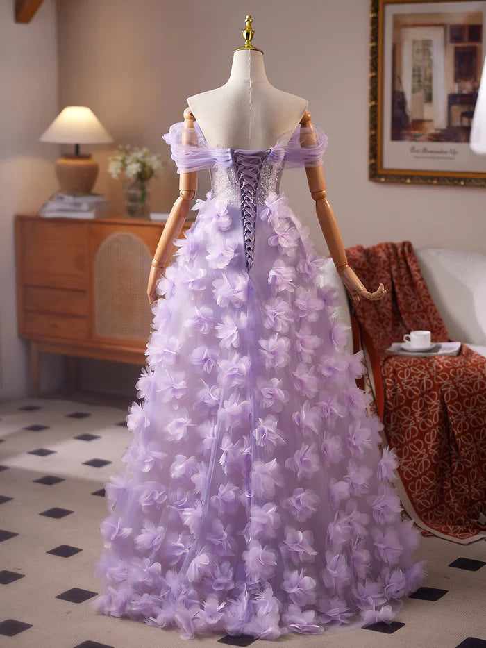 Romantic Ball Gown Off - Shoulder Short Sleeve Lace - Up Back Floor Length Prom Dresses