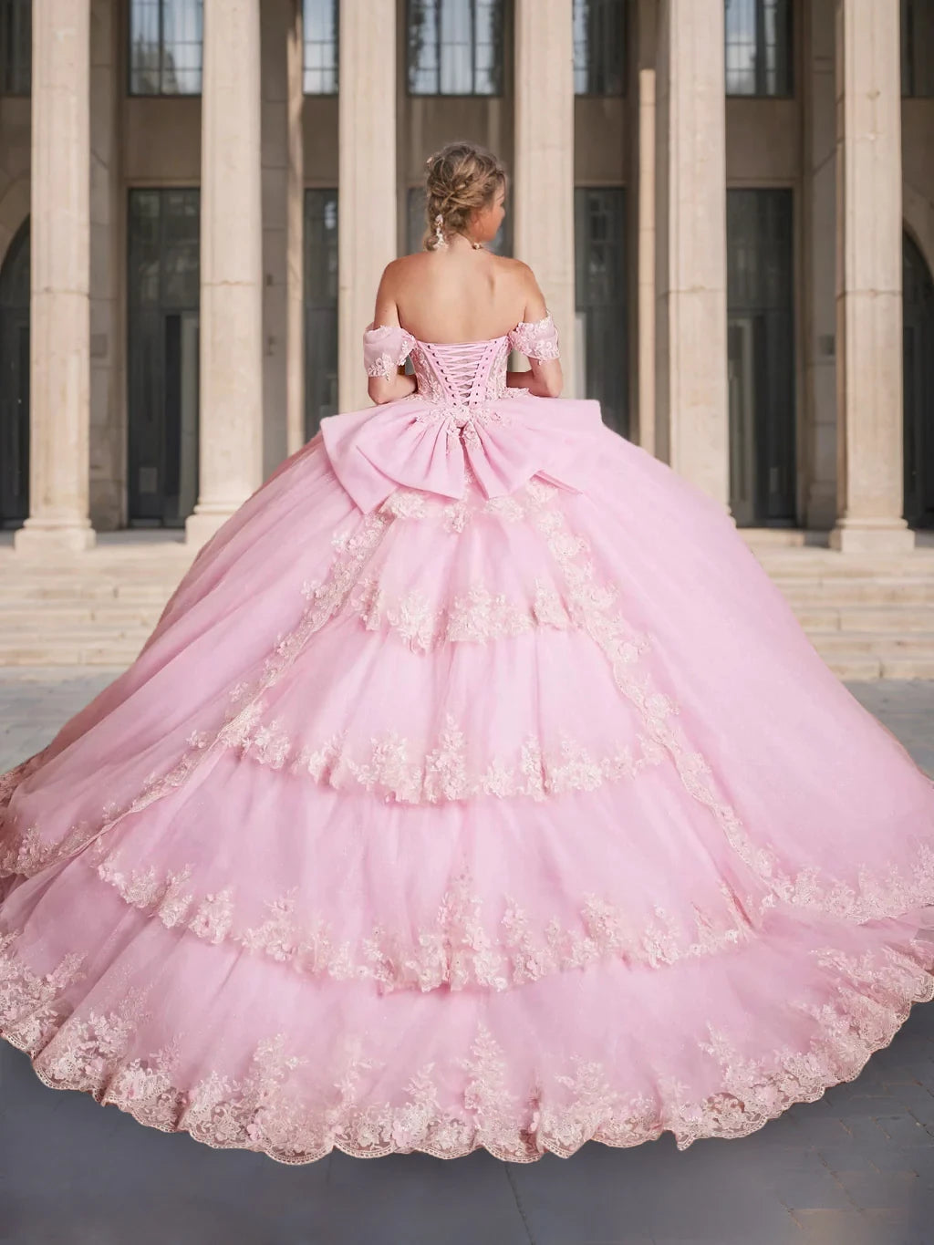 Romantic Ball Gown Off - Shoulder Short Sleeve Lace - Up Back Long Length Evening Dresses