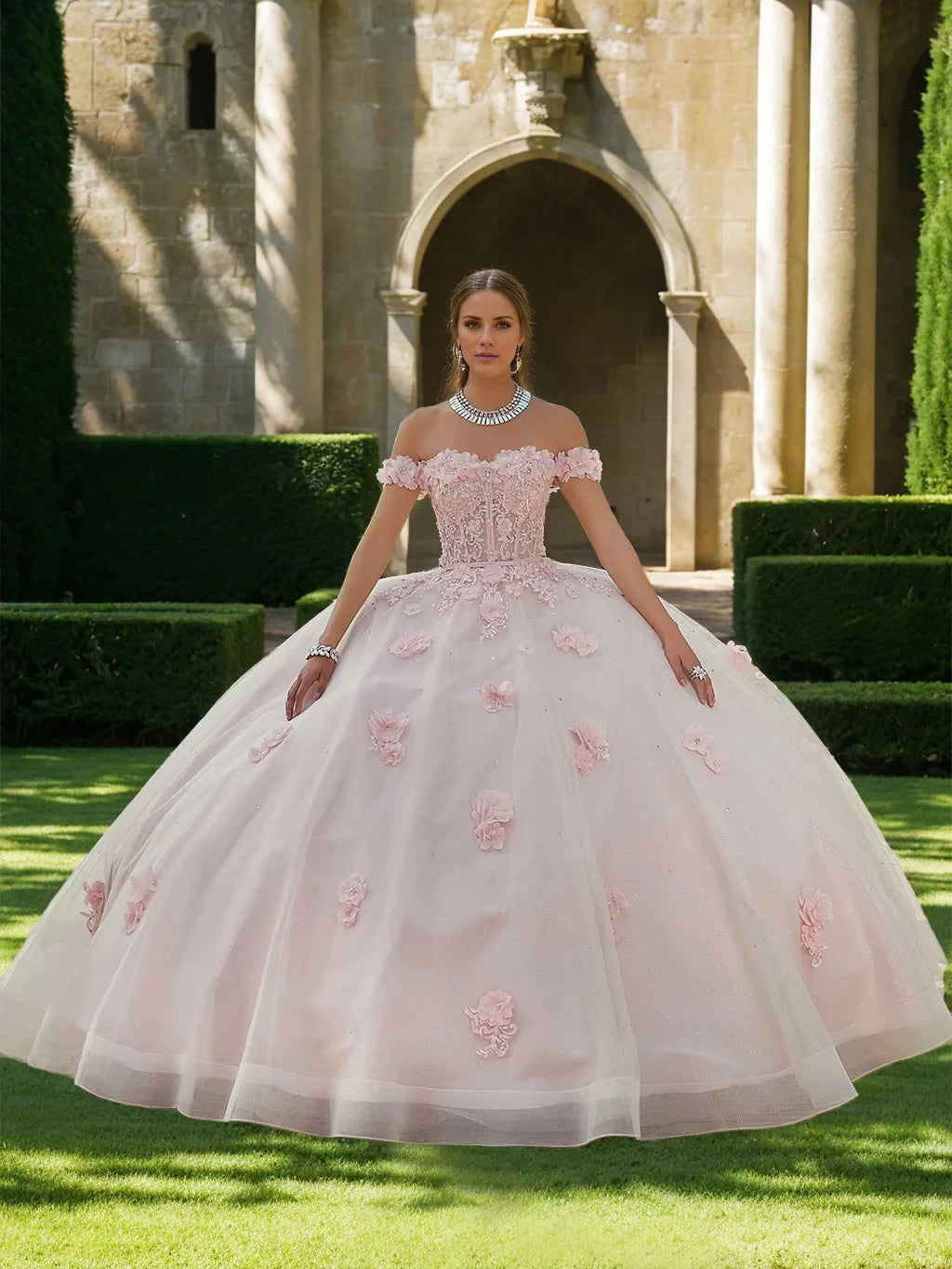 Romantic Ball Gown Off - Shoulder Short Sleeve Lace - Up Back Long Length Evening Dresses