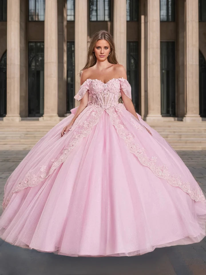 Romantic Ball Gown Off - Shoulder Short Sleeve Lace - Up Back Long Length Evening Dresses