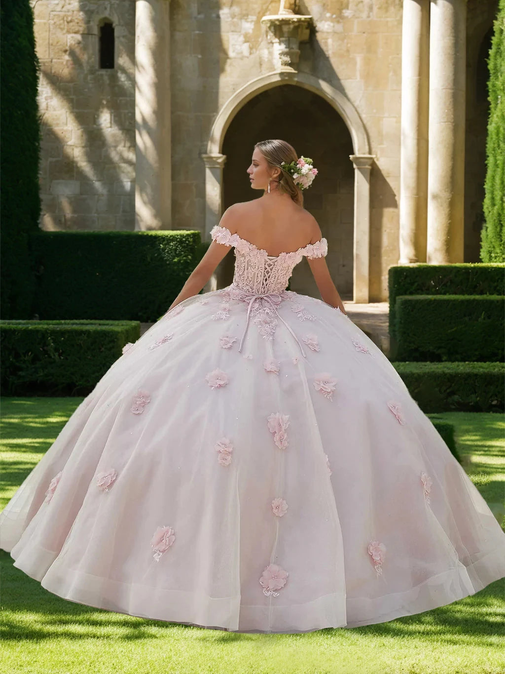 Romantic Ball Gown Off - Shoulder Short Sleeve Lace - Up Back Long Length Evening Dresses