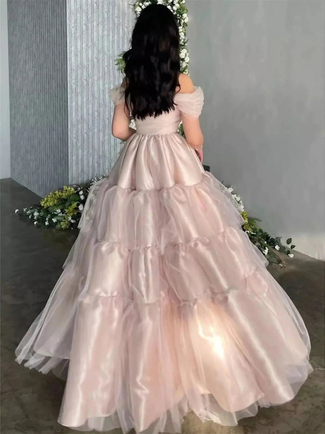 Romantic Ball - Gown Off - Shoulder Short - Sleeve Zipper Back Floor - Length Evening Gown