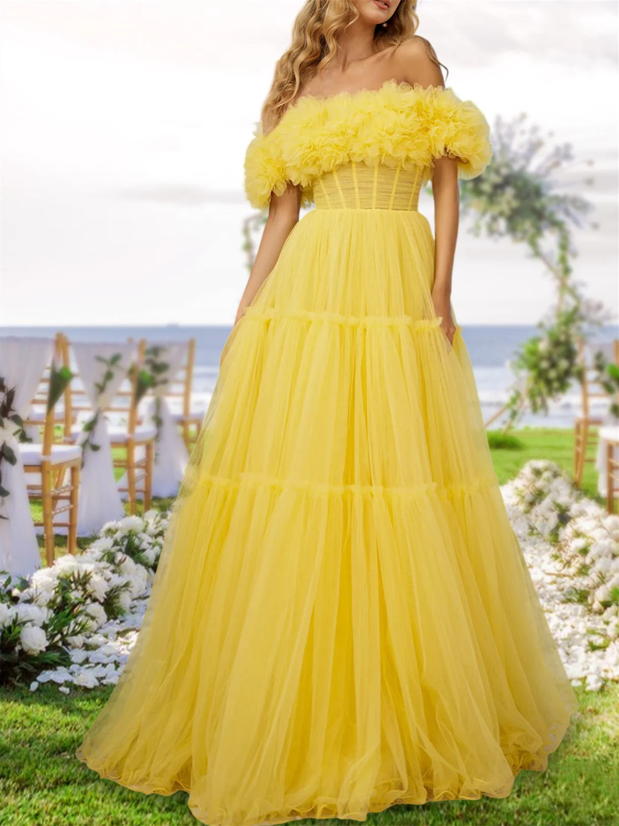 Romantic Ball - Gown Off - Shoulder Short - Sleeve Zipper Back Floor - Length Evening Gown