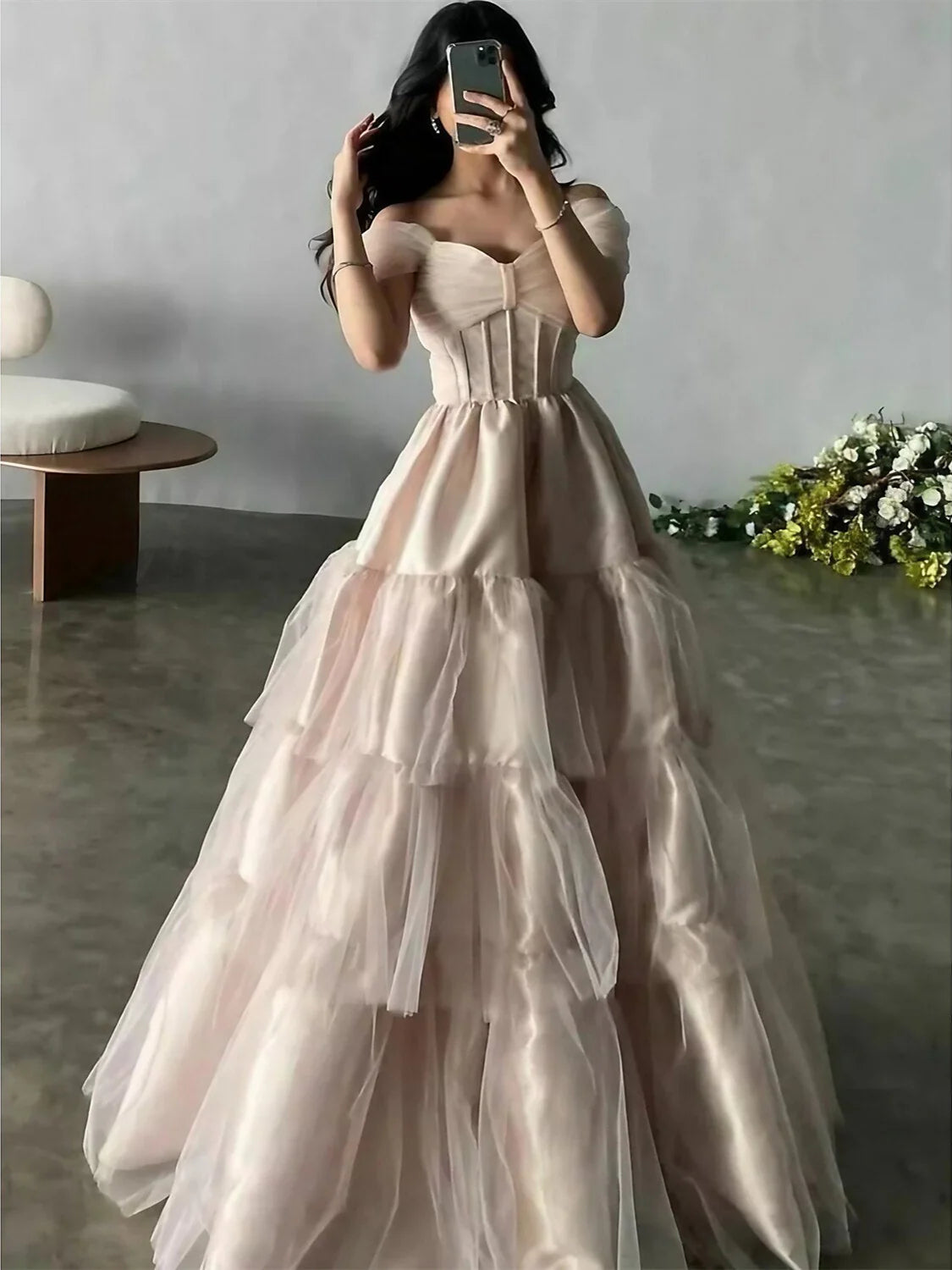 Romantic Ball - Gown Off - Shoulder Short - Sleeve Zipper Back Floor - Length Evening Gown