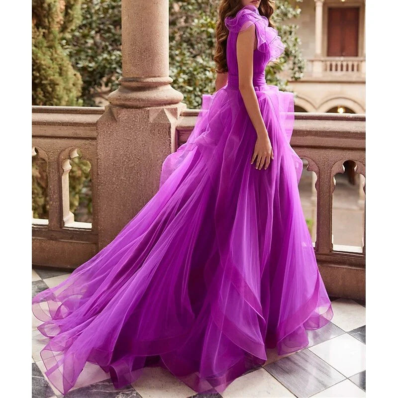Romantic Ball Gown One - Shoulder Ruffle Sleeve Zipper Back Long Length Prom Dresses