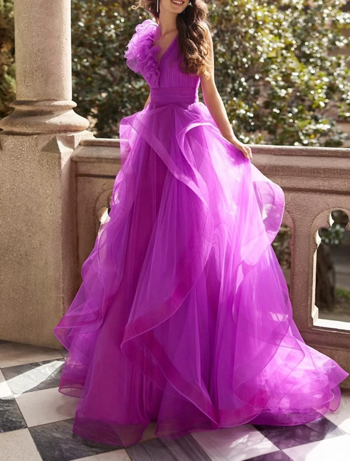 Romantic Ball Gown One - Shoulder Ruffle Sleeve Zipper Back Long Length Prom Dresses