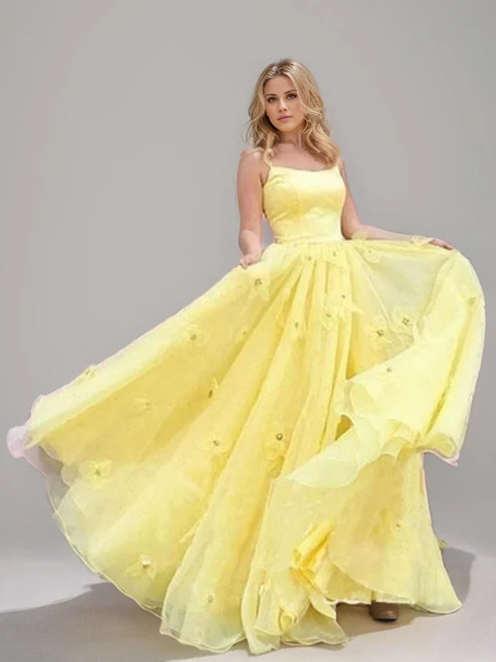 Romantic Ball Gown Square Neck Sleeveless Lace - Up Back Long Length Prom Dresses
