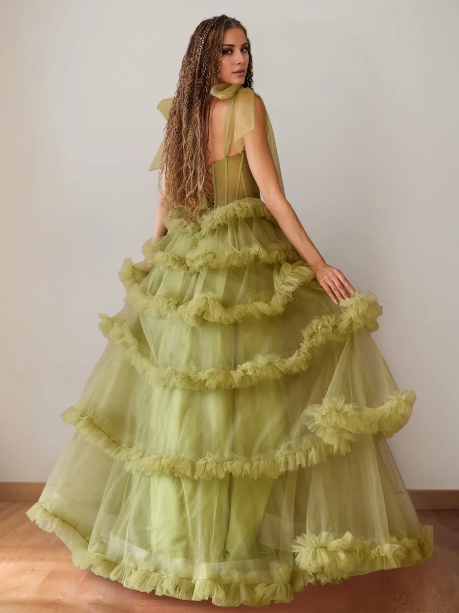 Romantic Ball Gown Square Neck Tulle Sleeve Open Back Long Length Prom Dresses