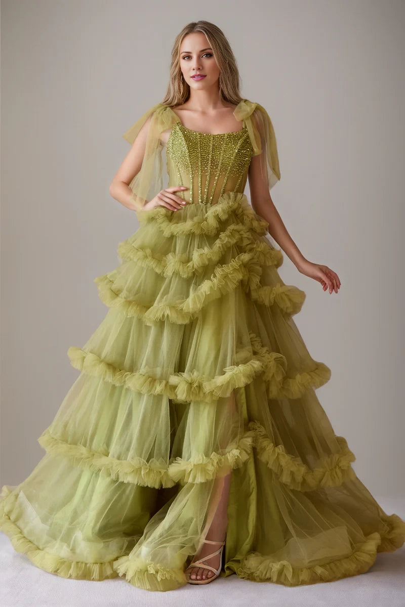Romantic Ball Gown Square Neck Tulle Sleeve Open Back Long Length Prom Dresses