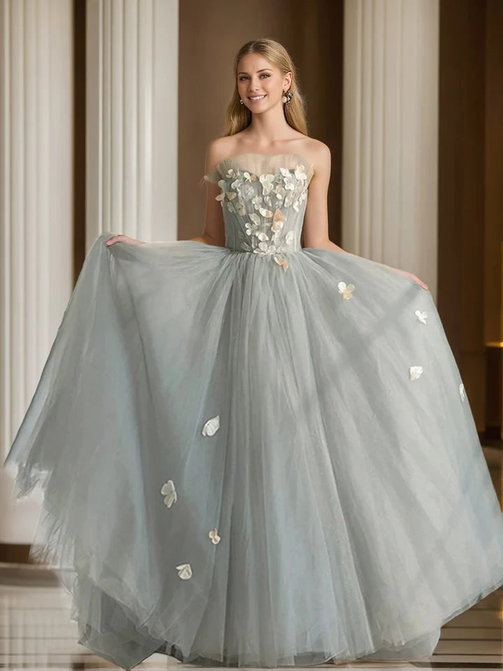 Romantic Ball Gown Strapless Sleeveless Lace - Up Back Long Length Prom Dresses