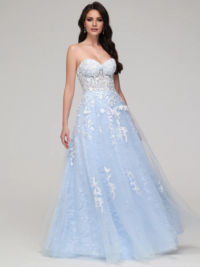 Romantic Ball Gown Strapless Sleeveless Lace - Up Back Long Length Prom Dresses