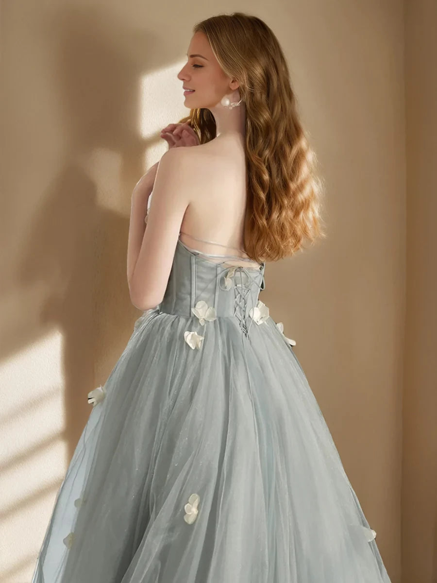 Romantic Ball Gown Strapless Sleeveless Lace - Up Back Long Length Prom Dresses