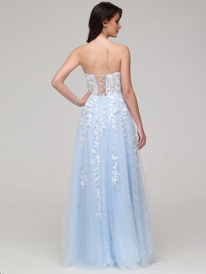 Romantic Ball Gown Strapless Sleeveless Lace - Up Back Long Length Prom Dresses