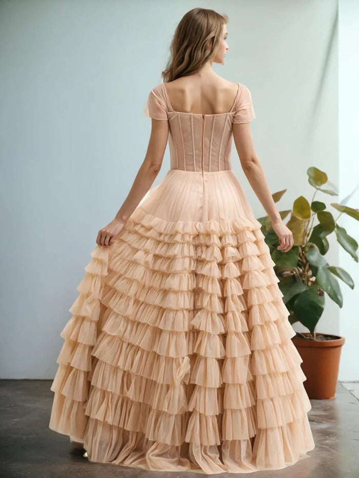 Romantic Ball Gown Sweetheart Neck Short Sleeve Open Back Long Length Prom Dresses