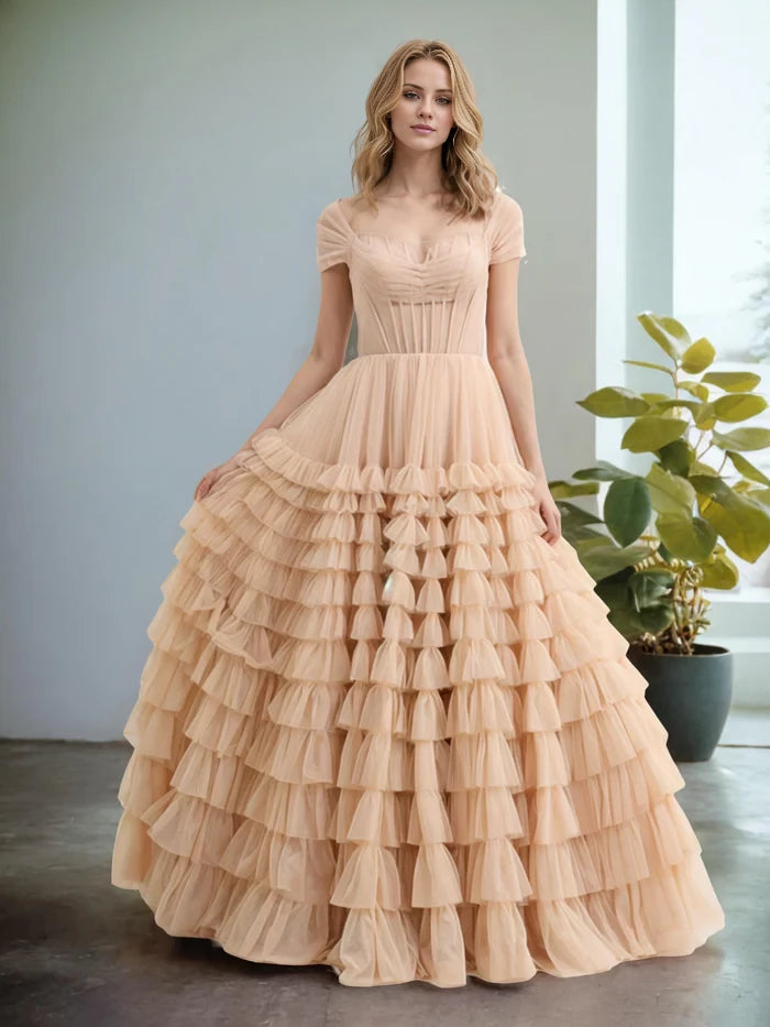 Romantic Ball Gown Sweetheart Neck Short Sleeve Open Back Long Length Prom Dresses