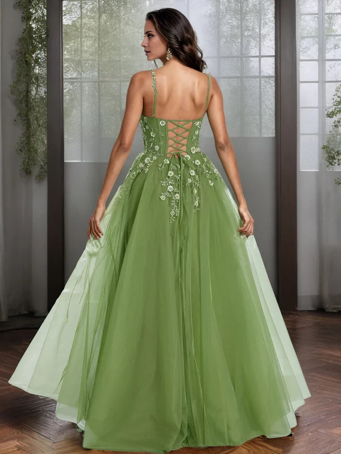 Romantic Ball Gown Sweetheart Neck Spaghetti Strap Lace - Up Back Long Length Prom Dresses