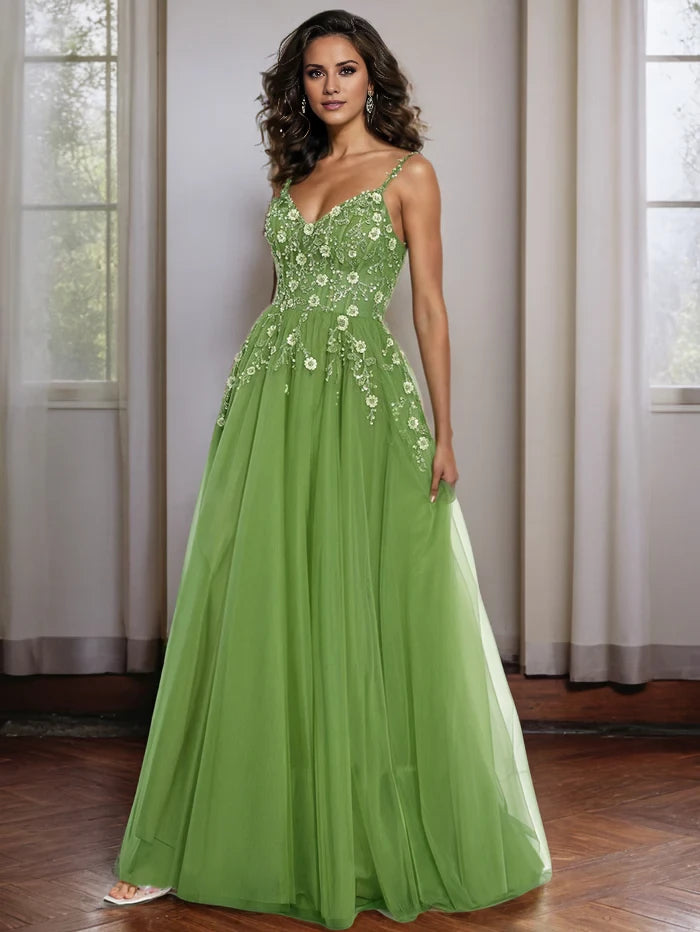 Romantic Ball Gown Sweetheart Neck Spaghetti Strap Lace - Up Back Long Length Prom Dresses