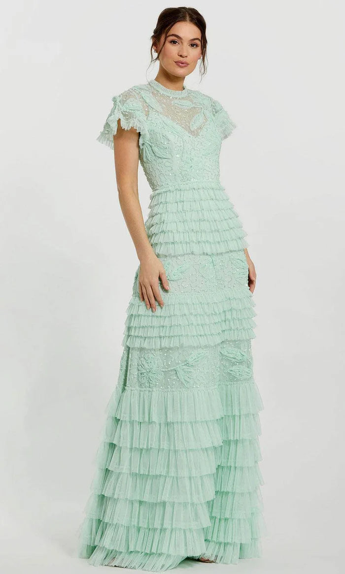 Romantic Ballgown Mock-Neck Cap-Lace-Sleeve-Zip-Back Mint Tulle Floor-Length Mother of the Bride Dresses