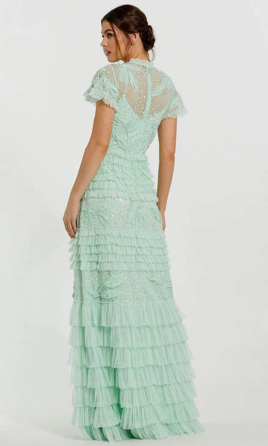 Romantic Ballgown Mock-Neck Cap-Lace-Sleeve-Zip-Back Mint Tulle Floor-Length Mother of the Bride Dresses