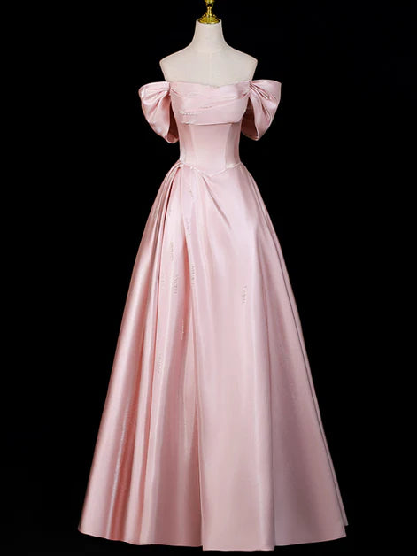 Romantic Ballgown Off-Shoulder Puff-Sleeve Satin Lace-Up Back Floor-Length Evening Dresses