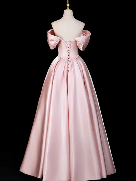 Romantic Ballgown Off-Shoulder Puff-Sleeve Satin Lace-Up Back Floor-Length Evening Dresses
