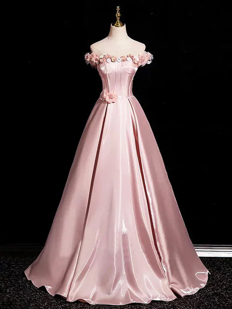 Romantic Ballgown Off-Shoulder Satin 3D-Floral Lace-Up Back Floor-Length Evening Dresses