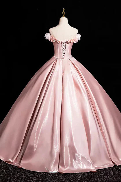 Romantic Ballgown Off-Shoulder Satin 3D-Floral Lace-Up Back Floor-Length Evening Dresses