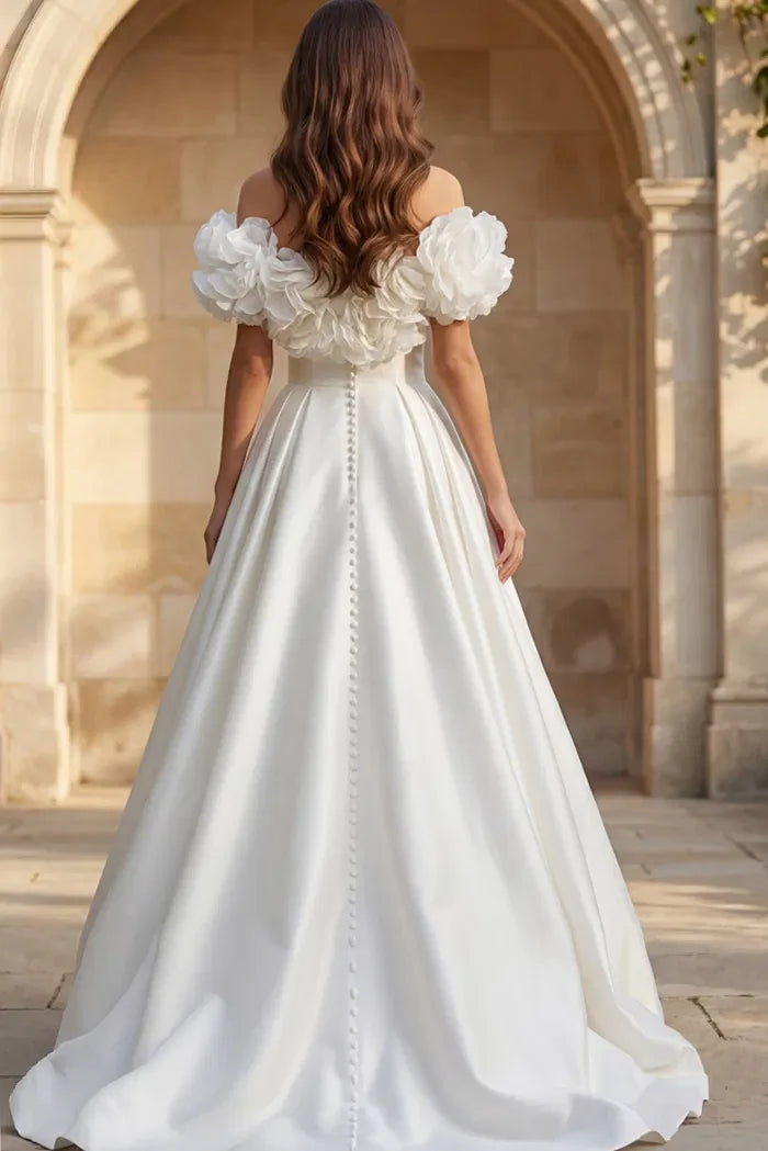 Romantic Ballgown Off-Shoulder Satin Flower-Sleeve Pearl-Button Back Train Length Wedding Dresses