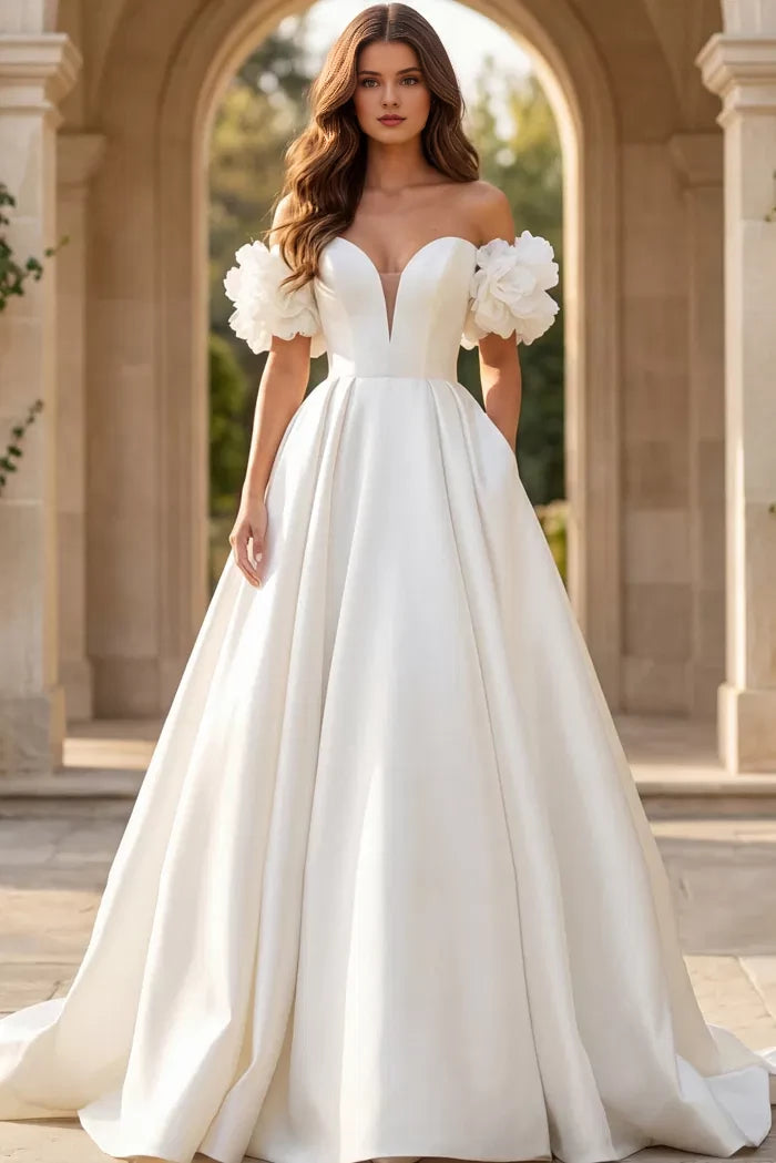 Romantic Ballgown Off-Shoulder Satin Flower-Sleeve Pearl-Button Back Train Length Wedding Dresses