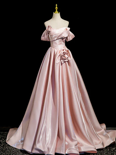 Romantic Ballgown Off-Shoulder Satin Rose-Accent Lace-Up Back Train Length Evening Dresses