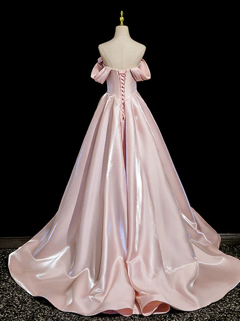 Romantic Ballgown Off-Shoulder Satin Rose-Accent Lace-Up Back Train Length Evening Dresses