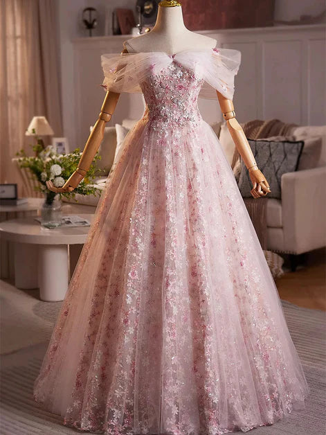 Romantic Ballgown Off-Shoulder Tulle Floral-Embroidered Lace-Up Back Floor-Length Evening Dresses