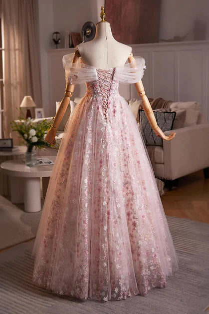 Romantic Ballgown Off-Shoulder Tulle Floral-Embroidered Lace-Up Back Floor-Length Evening Dresses