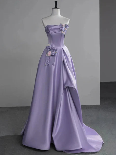 Romantic Ballgown One-Shoulder Satin 3D-Floral Lace-Up Back Train Length Evening Dresses