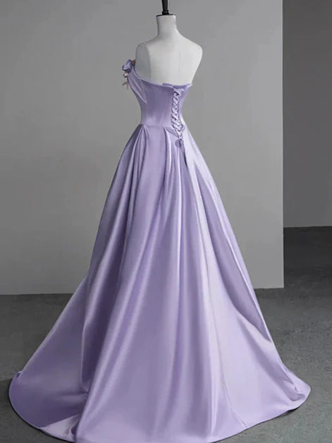 Romantic Ballgown One-Shoulder Satin 3D-Floral Lace-Up Back Train Length Evening Dresses