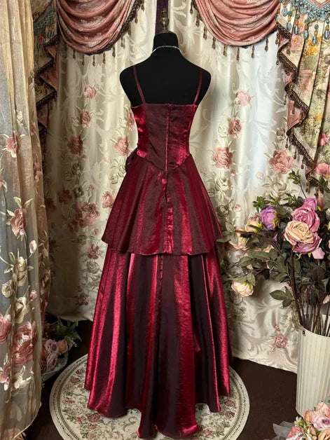 Romantic Ballgown Spaghetti-Strap Satin 3D-Floral Tiered Back-Zip Floor-Length Evening Dresses