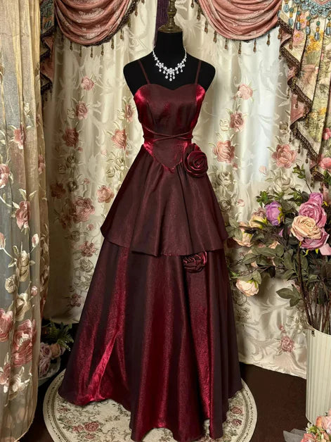 Romantic Ballgown Spaghetti-Strap Satin 3D-Floral Tiered Back-Zip Floor-Length Evening Dresses