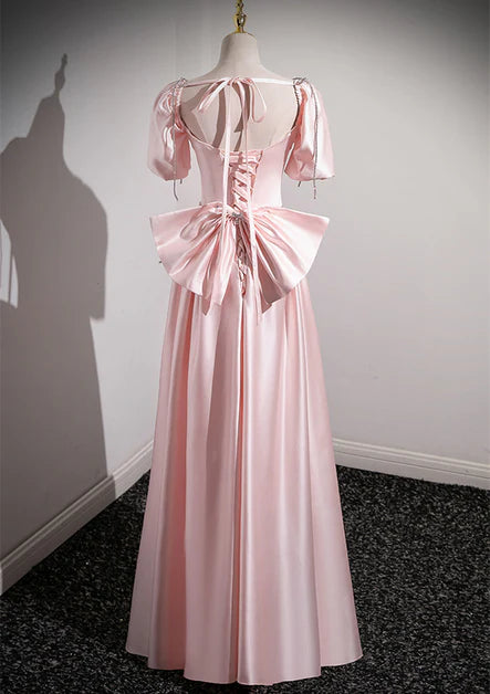 Romantic Ballgown Square-Neck Puff-Sleeve Satin Bow-Accent Lace-Up Back Floor-Length Evening Dresses