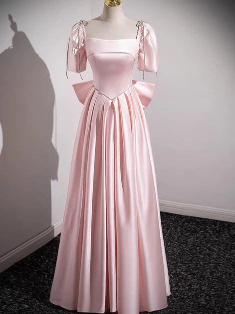 Romantic Ballgown Square-Neck Puff-Sleeve Satin Bow-Accent Lace-Up Back Floor-Length Evening Dresses