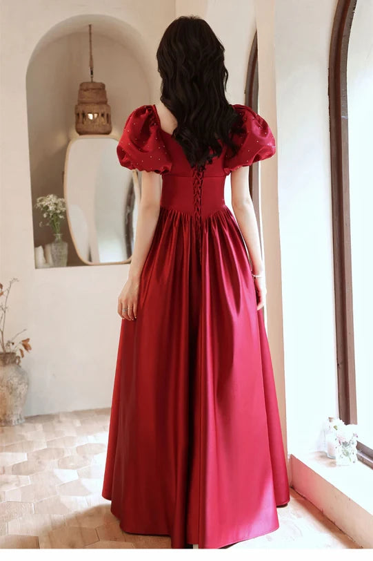 Romantic Ballgown Square-Neck Puff-Sleeve Satin Crystal-Accent Lace-Up Back Floor-Length Evening Dresses