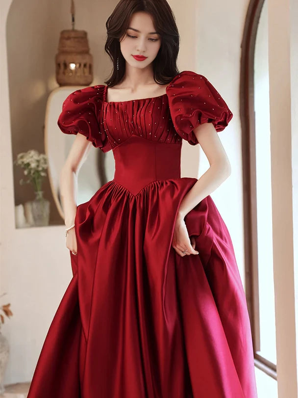 Romantic Ballgown Square-Neck Puff-Sleeve Satin Crystal-Accent Lace-Up Back Floor-Length Evening Dresses