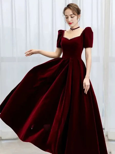 Romantic Ballgown Square-Neck Puff-Sleeve Velvet Pearl-Accent Lace-Up Back Floor-Length Evening Dresses