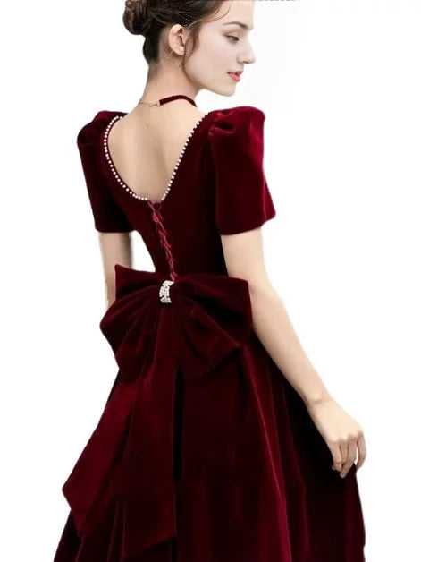 Romantic Ballgown Square-Neck Puff-Sleeve Velvet Pearl-Accent Lace-Up Back Floor-Length Evening Dresses
