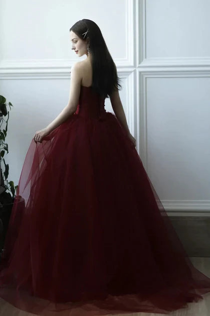 Romantic Ballgown Strapless Satin-Tulle Ruffled Back-Zip Train Length Evening Dresses