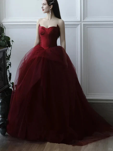 Romantic Ballgown Strapless Satin-Tulle Ruffled Back-Zip Train Length Evening Dresses